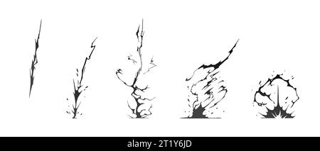 Illustrazione vettoriale della sequenza delle sagome dei fulmini. I tuoni neri e le cerniere lampo sono fenomeni naturali isolati su uno sfondo scuro. TH Illustrazione Vettoriale