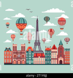 Mongolfiere d'epoca che volano sullo skyline di Parigi Illustrazione Vettoriale
