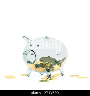 Salvadanaio trasparente in vetro con monete d'oro all'interno e all'esterno, rendering 3D. Foto Stock