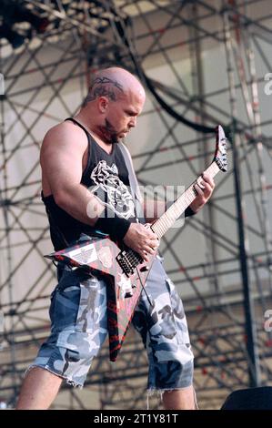 Milano Italia 1996-07-10 : il chitarrista Kerry King della band Slayer durante il concerto al Parco Acquatica Foto Stock