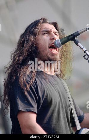 Milano Italia 1996-07-10 : il cantante e bassista Tom Araya della band Slayer durante il concerto al Parco Acquatica Foto Stock