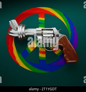 Revolver con un nodo sulla canna. Pistola metallizzata posta su tessuto verde con simbolo di pace metafora della pace o obiezione contro i diritti umani a g Foto Stock