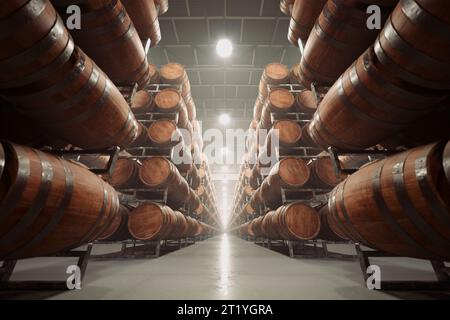 Rendering 3D di una cantina piena di botti di rovere di legno utilizzato per l'invecchiamento di alcol, vino e whisky. File di botti di rovere creano un ambiente rustico e tradizionale Foto Stock