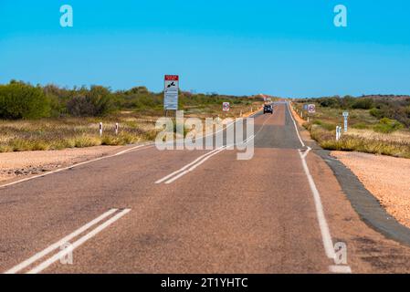 Un segnale di avvertenza multilingue sulle cinture di sicurezza su un'autostrada tra Alice Springs (Mparntwe) e Kings Canyon nel territorio del Nord dell'Australia Foto Stock