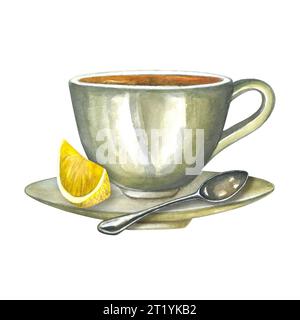 Composizione acquerello di illustrazioni di una tazza di tè su un piattino, con un cucchiaio di metallo, vapore e limone. Isolato su sfondo bianco, disegnato a mano. Foto Stock