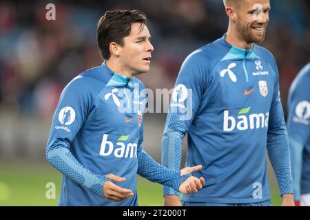 Oslo, Norvegia. 15 ottobre 2023. Hugo Vetlesen, norvegese, si sta riscaldando prima della partita di qualificazione a Euro 2024 tra Norvegia e Spagna allo Stadion Ullevaal di Oslo. (Foto: Gonzales Photo - Jan-Erik Eriksen). Foto Stock