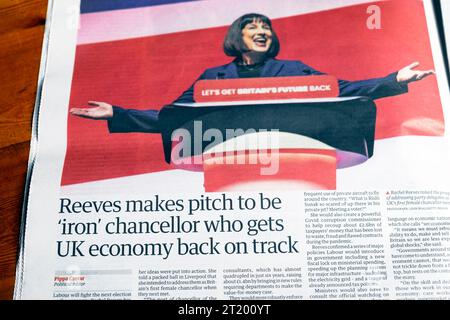 Rachel "Reeves fa pitch to be 'Iron' Chancellor who gets UK Economy back on track", quotidiano Guardian, headline Labour Conference 10 ottobre 2023 UK Foto Stock