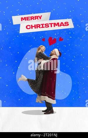 Poster. Collage d'arte contemporanea. Opere d'arte moderne. Uomo felice, vestito come Babbo Natale, con una bella donna circondata da fiocchi di neve disegnati. - Merry Foto Stock