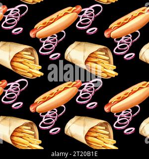 schema senza cuciture con tema fast food, hot dog, patate fritte, fette di cipolla, tosini di pomodoro, illustrazione ad acquerello disegnata a mano isolata su nero Foto Stock