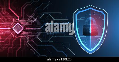 Contesto astratto tecnologico sul tema della protezione delle informazioni e della sicurezza informatica. Schermare con l'immagine di un lucchetto al centro. Illustrazione Vettoriale