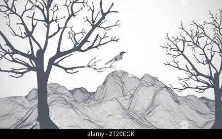 Montagne astratte a reticolo con un albero e un uccello in primo piano. Illustrazione Vettoriale