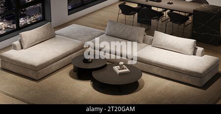 Soggiorno interno in stile minimalista moderno con grande divano modulare, vista notturna sulla città e cucina in marmo sull'isola. rendering 3d. Illustrazione 3d di alta qualità Foto Stock