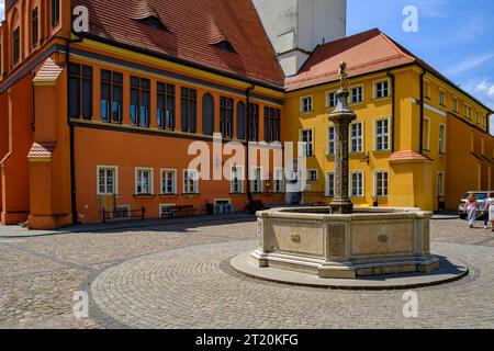 Rathaus Namyslow, Woiwodschaft Opole, Polen Historisches Rathaus der Gotik und der Renaissance und Brunnen auf dem Ring Marktplatz von Namyslow Namslau, Woiwodschaft Opole, Polen. Storico municipio gotico e rinascimentale e fontana sulla piazza del mercato ad anello di Namyslow Namslau, voivodato di Opole, Polonia. Foto Stock