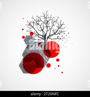 Art Concept. Montagne astratte si formano con la silhouette di un albero. Illustrazione Vettoriale