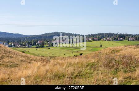 campagna, colline ondulate e villaggio nel giura francese Foto Stock