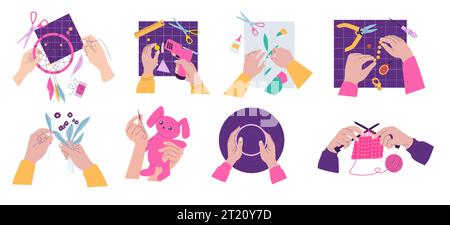 Artigianato fai da te. Ricami tradizionali fatti a mano, artigianato e accessori decorativi artigianali. Set di cartoni animati vettoriali Illustrazione Vettoriale