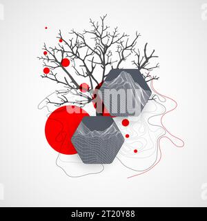 Art Concept. Montagne astratte si formano con la silhouette di un albero. Illustrazione Vettoriale
