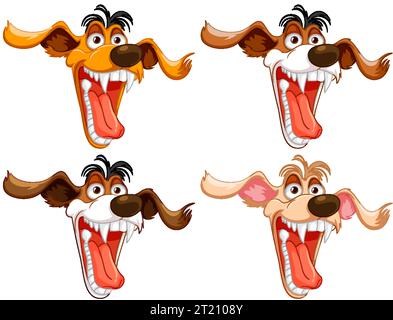 Set di quattro teste di cane pazzo con bocca aperta e denti affilati, isolate su bianco Illustrazione Vettoriale