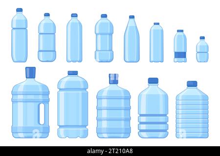 Bottiglie di acqua in plastica. Bottiglie d'acqua in plastica vuote per cartoni animati, contenitori per acqua minerale frizzante con coperchi, confezionamento umido per la consegna. Insieme isolato dal vettore Illustrazione Vettoriale