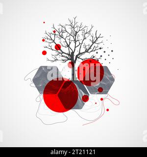 Art Concept. Montagne astratte si formano con la silhouette di un albero. Illustrazione Vettoriale