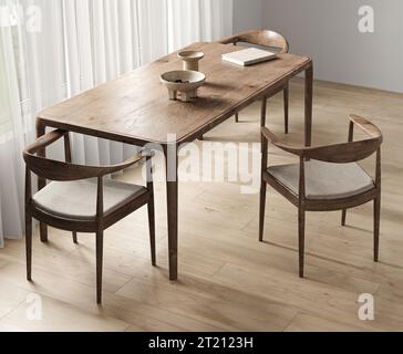 Interni in legno di stile moderno con finestra e tavolo da pranzo sullo sfondo. Design naturale. rendering 3d. Illustrazione 3d di alta qualità Foto Stock