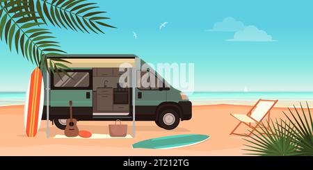 Van Life: Furgone da campeggio sulla spiaggia e sul paesaggio oceanico Illustrazione Vettoriale