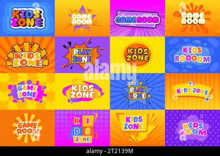 Banner della sala giochi per bambini. Etichetta colorata con zone per bambini, concetto di zona per bambini, concetto di educazione infantile. Illustrazione vettoriale Illustrazione Vettoriale