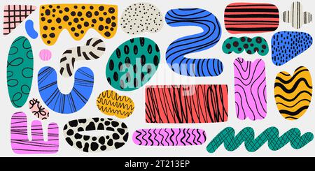 Disegnare forme astratte a mano. Scarabocchio elementi artistici per i bambini, semplici forme geometriche a forma di scarabocchio per decorazioni minimalistiche per i bambini. Insieme isolato dal vettore Illustrazione Vettoriale