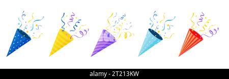 Icone pop con coriandoli. Icone di cartoon cracker e party popper, coloratissimi glitter di carta cadente per l'applicazione di chat. Insieme di vettori Illustrazione Vettoriale
