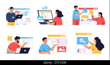 Sviluppo Web creazione di pagine Web mobili, sviluppatori di software Illustrazione Vettoriale