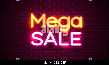 Insegna al neon, Mega sale su sfondo scuro. Sfondo dello sconto per il tuo design, biglietto d'auguri, banner. Illustrazione vettoriale Illustrazione Vettoriale