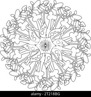 Mandala singolo bianco e nero - Flower Nature, Foliage, Leaves, Energy Wheel Circle Complex Symbol Abstract Decoration Coloring Page Illustrazione Vettoriale