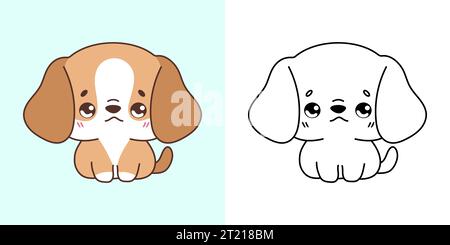 Impostare Clipart Beagle Dog Coloring Page e Color Illustration. Kawaii ha isolato Doggy. Illustrazione Vettoriale