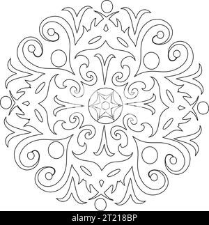 Mandala singolo bianco e nero - Flower Nature, Foliage, Leaves, Energy Wheel Circle Complex Symbol Abstract Decoration Coloring Page Illustrazione Vettoriale
