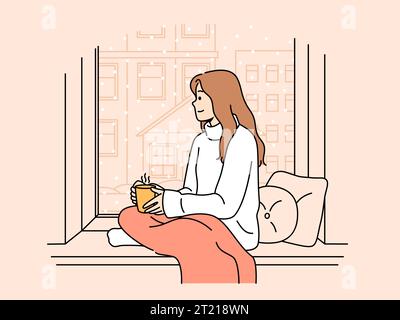 La donna siede sul davanzale con una coperta sulle ginocchia e una tazza di tè caldo in mano e guarda fuori dalla finestra sulla neve che cade. Ragazza da sogno che si gode il comfort di casa e l'intimità seduti sul davanzale Illustrazione Vettoriale