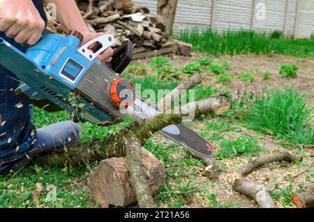 Lavorare con l'attrezzo elettrico. Elettrico nelle mani di un uomo. Legna da ardere Foto Stock