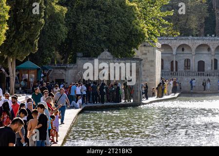 Sanliurfa, Turchia - 15 luglio 2023: Il lago e i pesci che vi vivono, situati nel centro di Şanlıurfa, dove si ritiene che il profeta Abramo Foto Stock