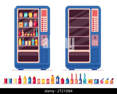 Distributore automatico completo. Distributore automatico di snack e bevande con snack e bevande, prodotti freschi caldi e freddi. Distributore automatico vettoriale con Illustrazione Vettoriale