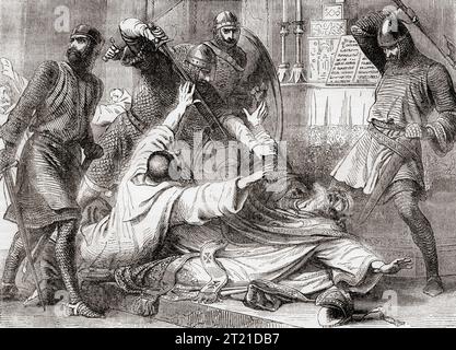 L'omicidio di Thomas Becket nel 1170 da parte dei quattro cavalieri Reginald FitzUrse, Hugh de Morville, William de Tracy e Richard le Breton. Thomas Becket, alias San Tommaso di Canterbury, Tommaso di Londra e Thomas à Becket, 1119/1120 – 1170. Arcivescovo di Canterbury. Da Cassell's Illustrated History of England, pubblicato nel 1857. Foto Stock