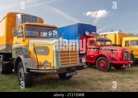 Aalten, Paesi Bassi - 23 giugno 2023: Fila di colorati camion d'epoca in una fiera di campagna ad Aalten, Paesi Bassi Foto Stock