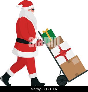 Babbo Natale contemporaneo che spinge un camion a mano carico, sta consegnando regali di Natale, isolato Illustrazione Vettoriale