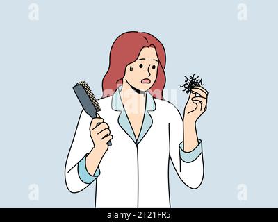 La donna che soffre di calvizie o problemi di perdita dei capelli tiene il pettine e si sente confusa e ha bisogno dell'aiuto di un medico. Una ragazza in pigiama ha visto i capelli cadere e ha pensato di comprare un nuovo shampoo. Illustrazione Vettoriale