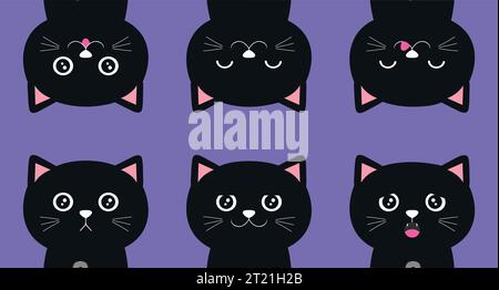 Set di gatti neri cartoni animati con emozioni diverse. Illustrazione vettoriale Illustrazione Vettoriale