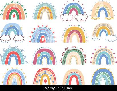 Carini arcobaleni Boho. Arco naturale con nuvole. Elementi scandinavi colorati per bambini. Fenomeno meteorologico post-pioggia. Decorazioni per bambini. Amore per i cuori Illustrazione Vettoriale