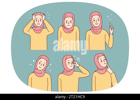 Set di giovane donna in hijab. Collezione di donne musulmane in abiti tradizionali che mostrano emozioni diverse. Illustrazione vettoriale. Illustrazione Vettoriale