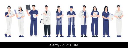Medici e medici. Cartoni animati operatori medici in uniforme che dà trattamento e cura, clinica medica roba con medici e infermieri in camici bianchi. Vettore Illustrazione Vettoriale