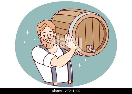 Uomo barbuto che porta barile di birra. Barman maschio sorridente o cameriere che tiene la botte con bevanda alcolica. Illustrazione vettoriale. Illustrazione Vettoriale