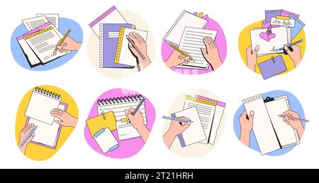 Raccolta di appunti con le mani. Disegnare e scrivere simboli, disegnare e disegnare con le dita e scrivere simboli in stile piatto di una pagina del notebook. Insieme isolato dal vettore Illustrazione Vettoriale