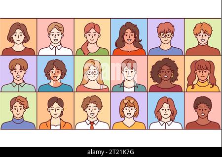 Set di ritratti di persone diverse adolescenti e studenti, diverse razze e nazionalità. Ritratti di ragazzi e ragazze per album fotografici scolastici o studenteschi con allievi multietnici dell'università Illustrazione Vettoriale