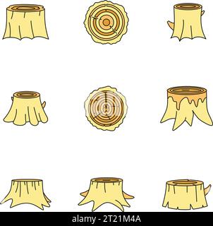 Set di icone in legno di tronchi. Illustrazione del profilo di 16 ceppi di legno di legno di tronchi di legno icone vettoriali linea sottile piatta su bianco Illustrazione Vettoriale